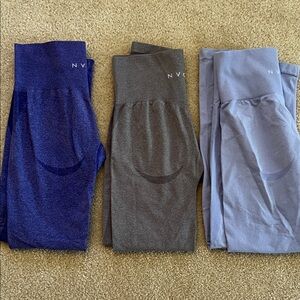 NVGTN Leggings Trio in Blue, Gray, and Light Purple